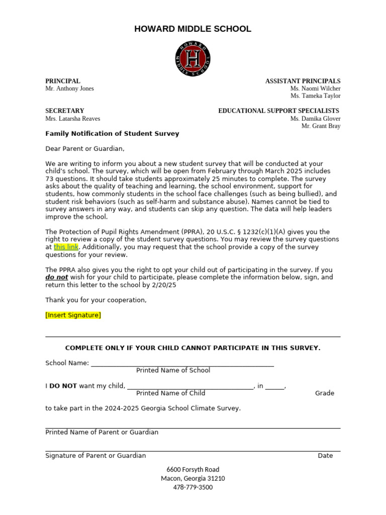 Howard Middle School Student Survey Notice | PDF | Childhood | Human ...