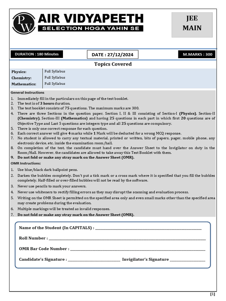 JEE Main Exam Instructions and Syllabus | PDF | Gases | Physical Quantities