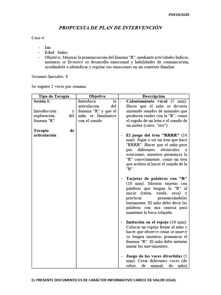 PROPUESTA DE PLAN DE INTERVENCIÓN Ian | PDF | Las emociones | Sicología