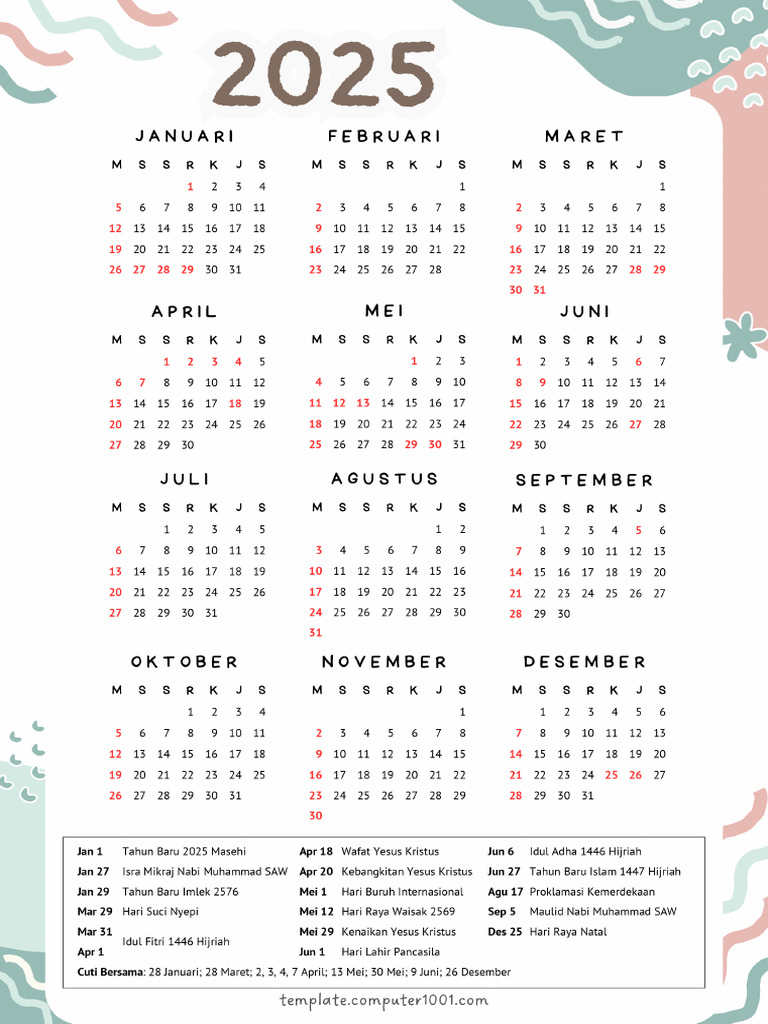 Abstract Pastel Kalender 2025 Lengkap Dengan Tanggal Merah | PDF
