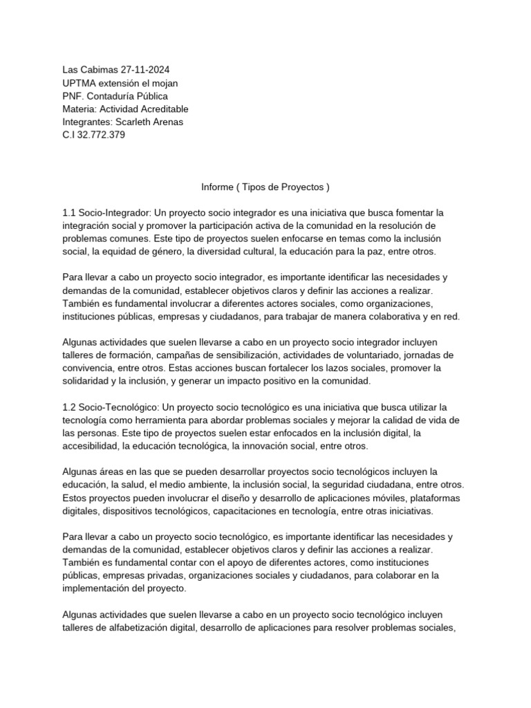 Informe de Tipo de Proyecto, Scarleth Arenas-2 | PDF | Iniciativa ...