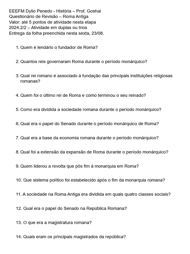Questionário Revisão Roma Antiga | PDF