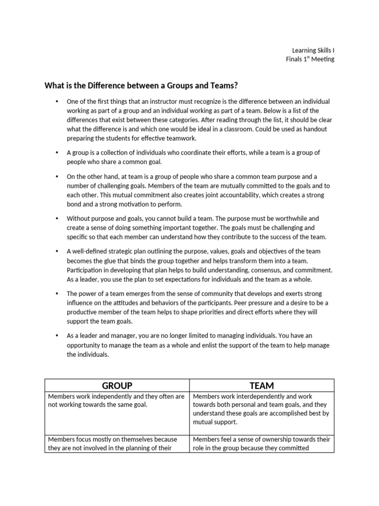 Groups vs. Teams: Key Differences | PDF | Goal | Learning