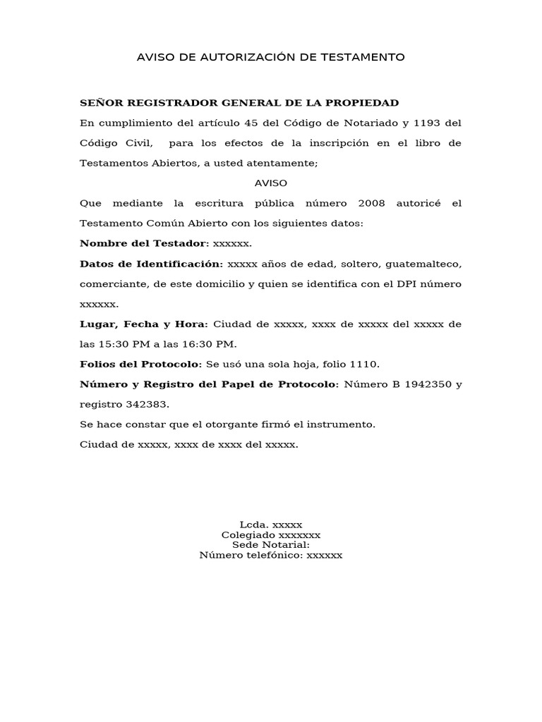 Aviso Al Registro de La Propiedad de Testamento en Escritura Número 8 ...