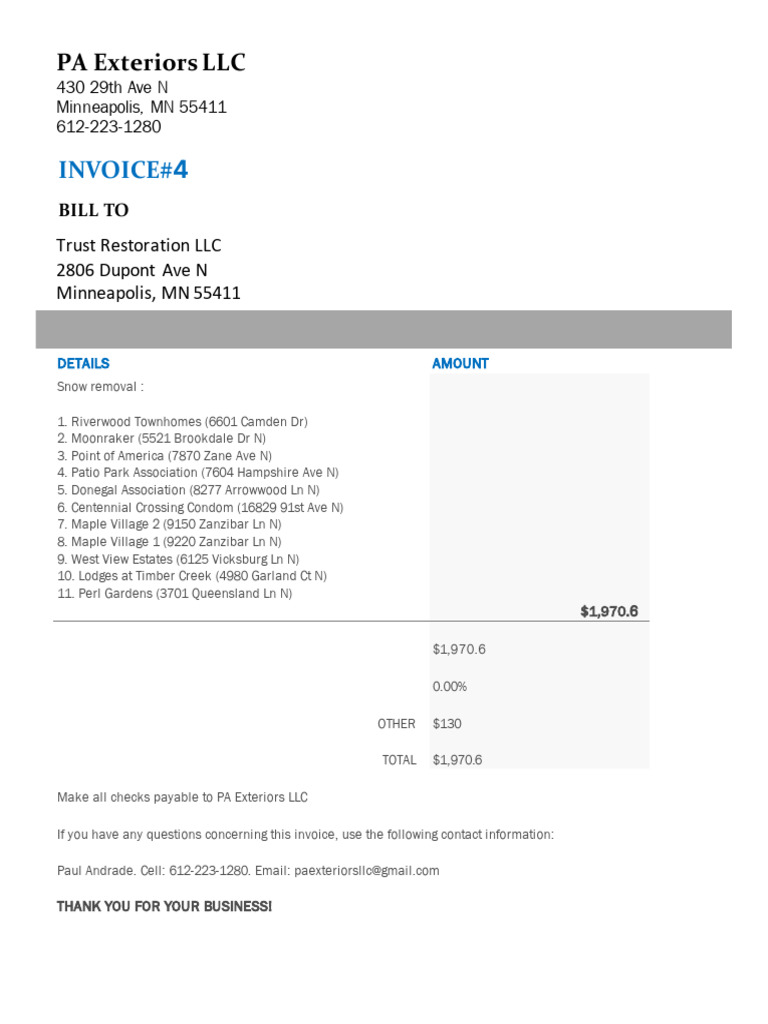 PA Exteriors Snow Removal Invoice | PDF