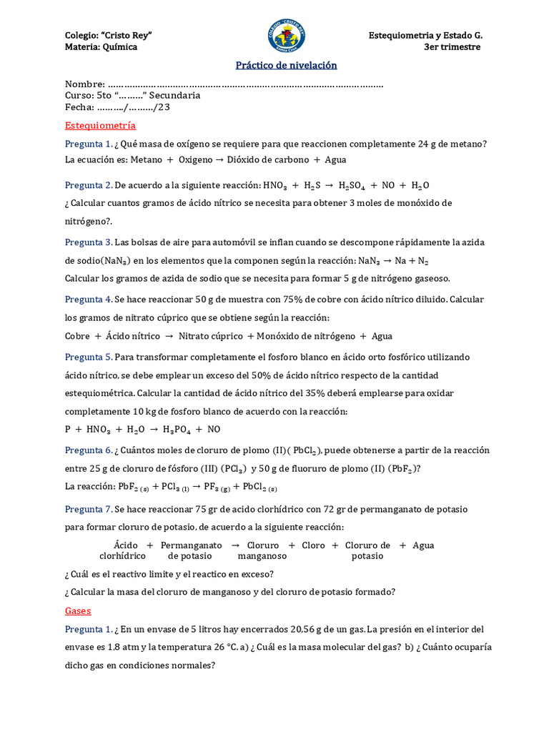 Ejercicios de Estequiometría y Gases | PDF | Cloruro | Ácido nítrico