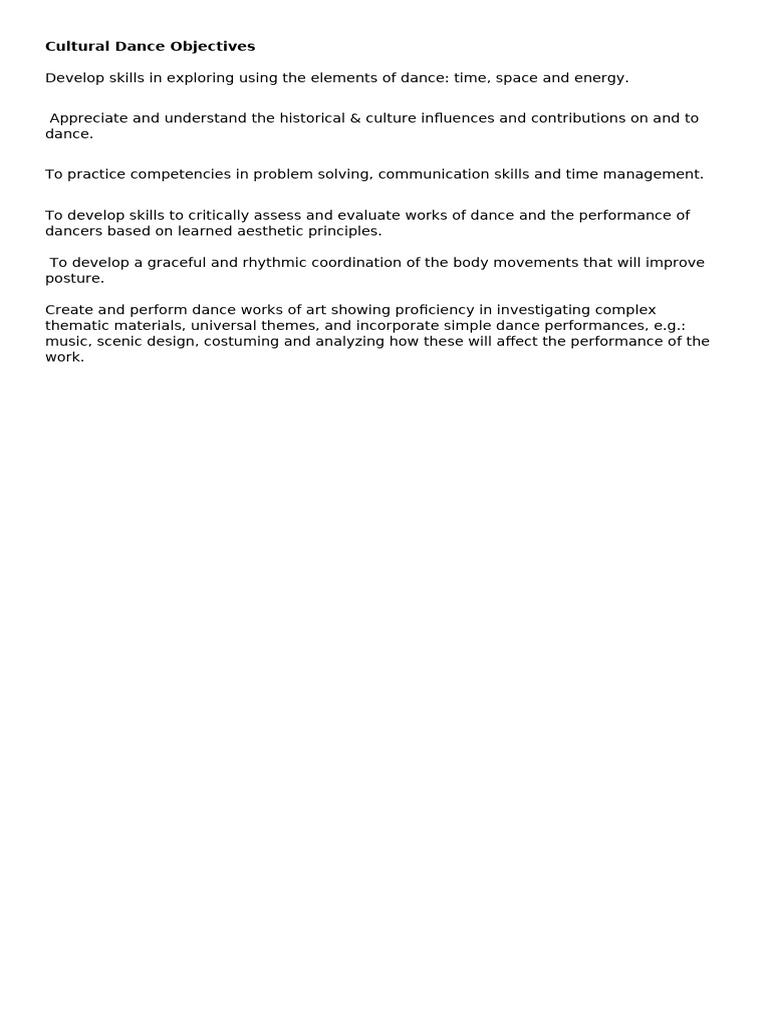 Cultural Dance Skills and Objectives | PDF