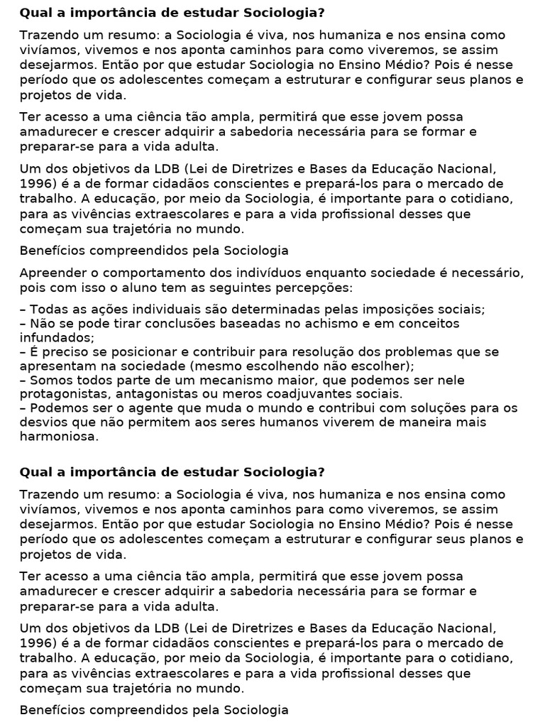 Qual a importância de estudar Sociologia | PDF | Sociologia | Sociedade