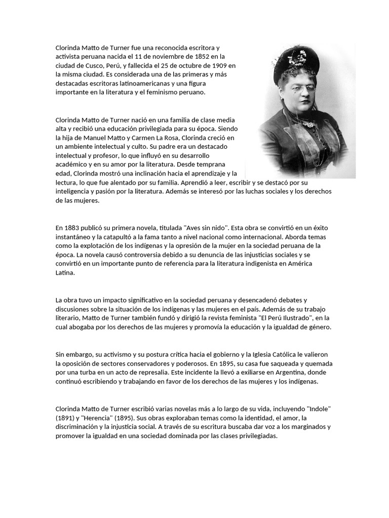 Clorinda Matto Pionera Del Feminismo Peruano Pdf Feminismo
