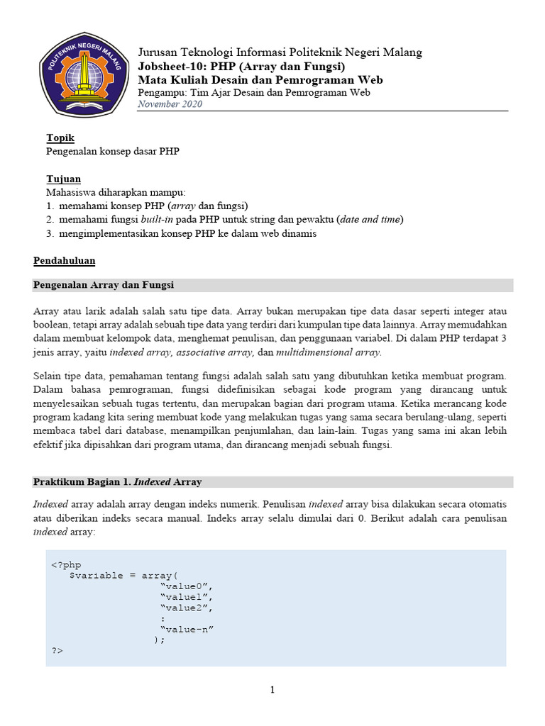 PHP (Array Dan Fungsi) - Jobsheet | PDF