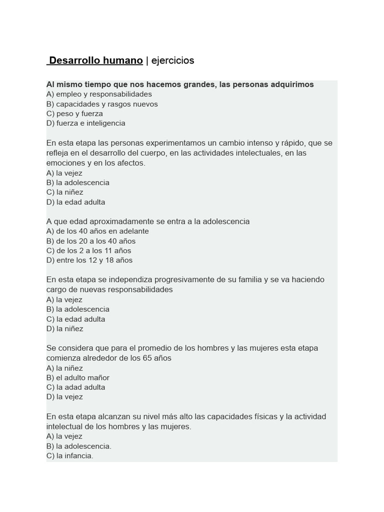 Ejercicios sobre Desarrollo Humano | PDF | Adultos | Aprendizaje