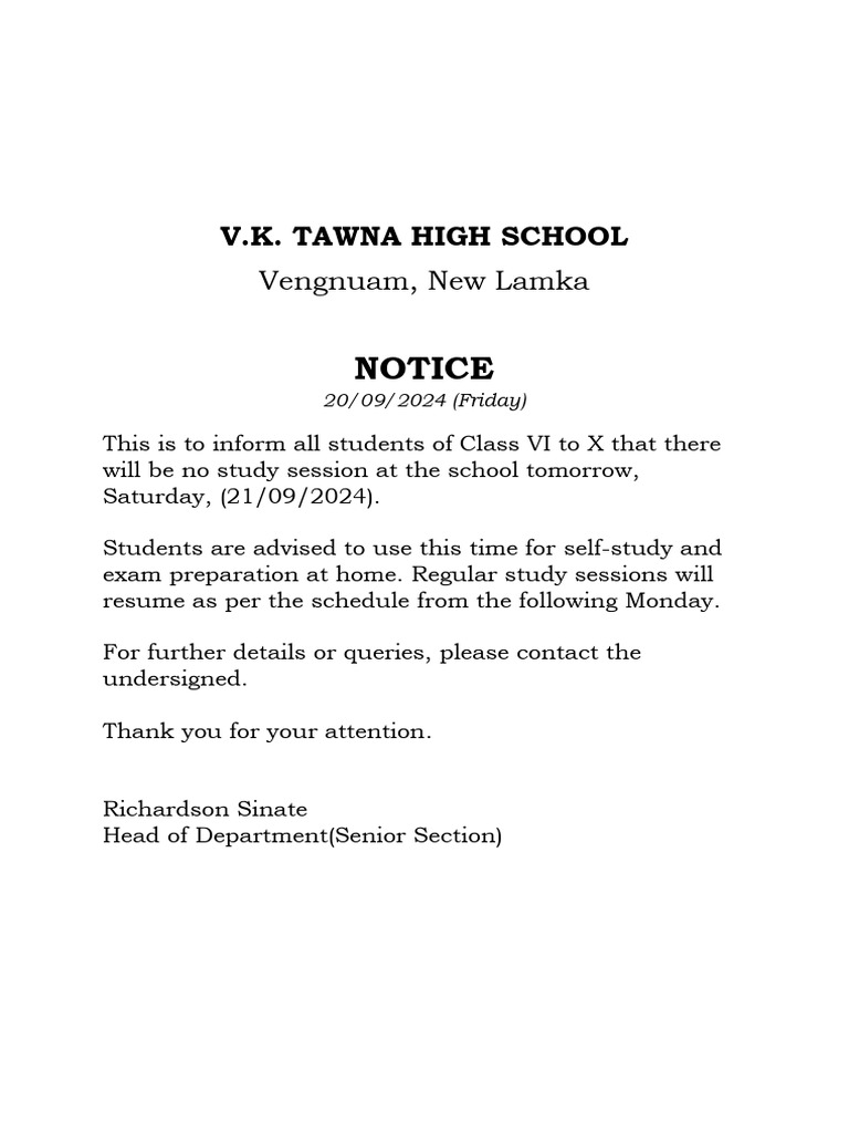 No Study Session Notice for Classes VI-X | PDF