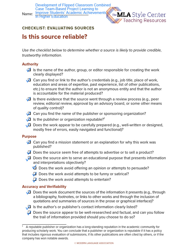 Source Reliability Evaluation Checklist | PDF | Information | Human ...