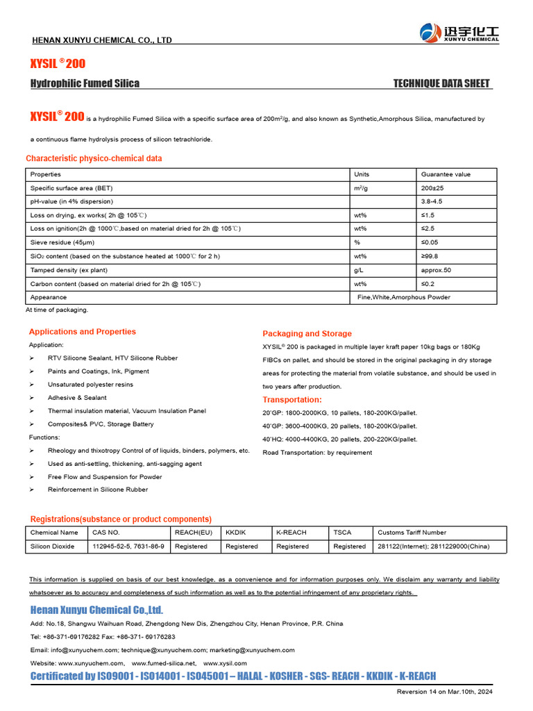 TDS-XYSIL200 Fumed Silica | PDF | Silicon Dioxide | Silicone