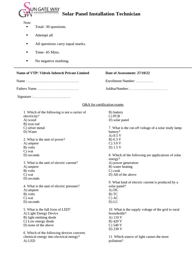 Solar Question Paper | PDF | Solar Panel | Electricity