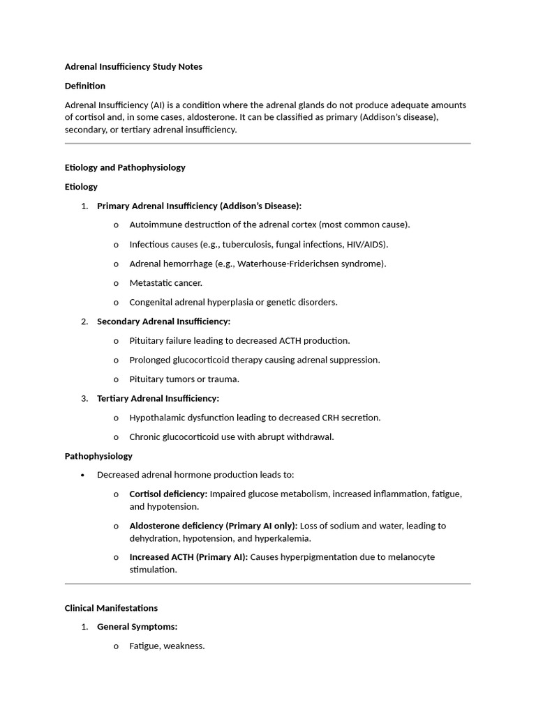 Adrenal Insufficiency Study Notes | PDF | Adrenal Gland | Clinical Medicine