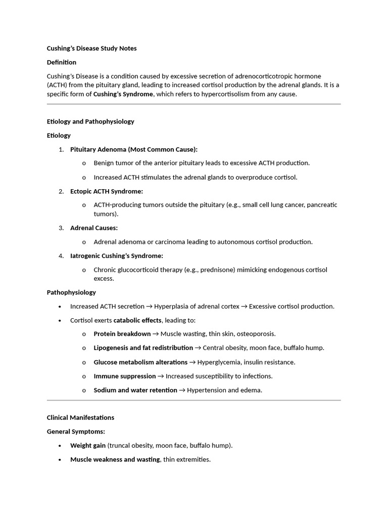 Cushing's Disease Study Notes PDF Adrenal Gland Cortisol