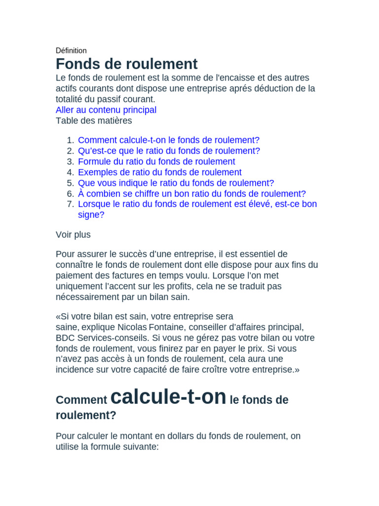 Comprendre le fonds de roulement et son ratio | PDF | Ratio financier ...