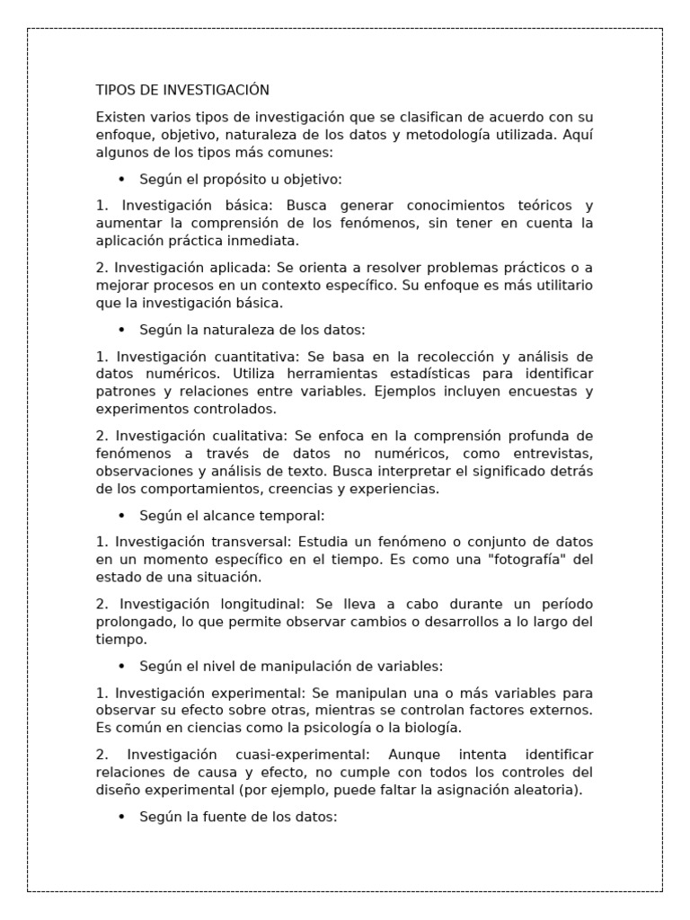 Tipos de Investigación: Guía Completa | PDF | Datos | Experimentar