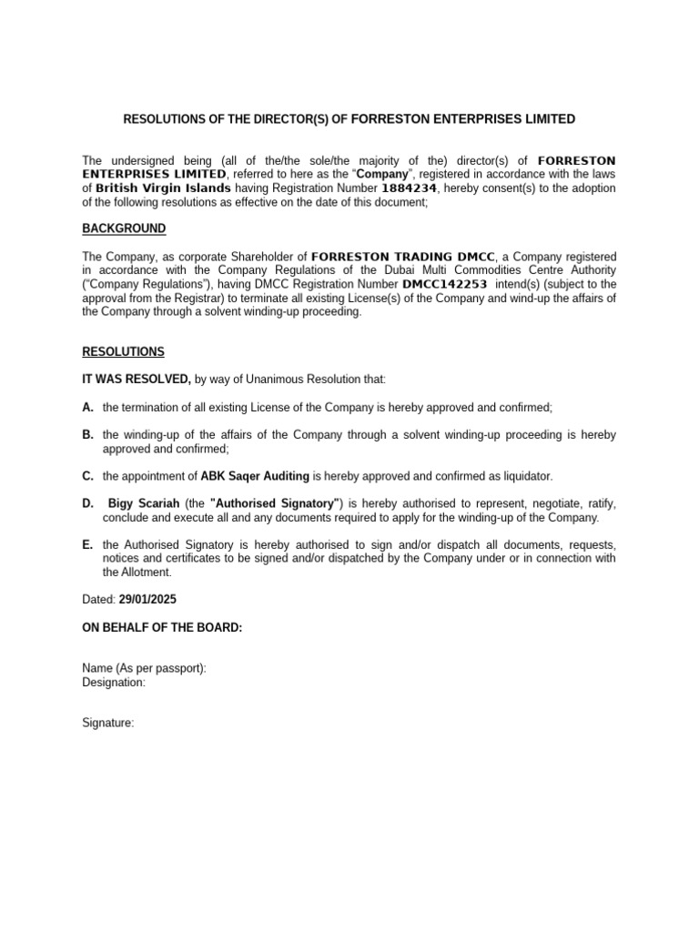 Forreston Enterprises Limited Resolutions | PDF