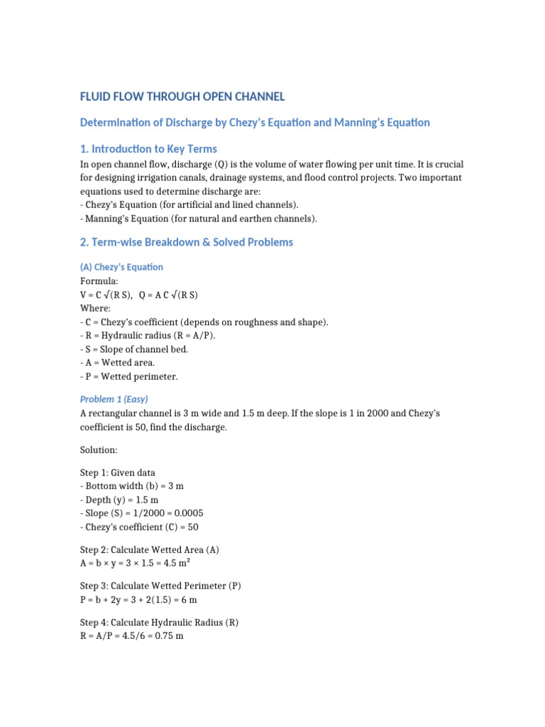 Open Channel Flow Discharge Calculations | PDF | Civil Engineering ...