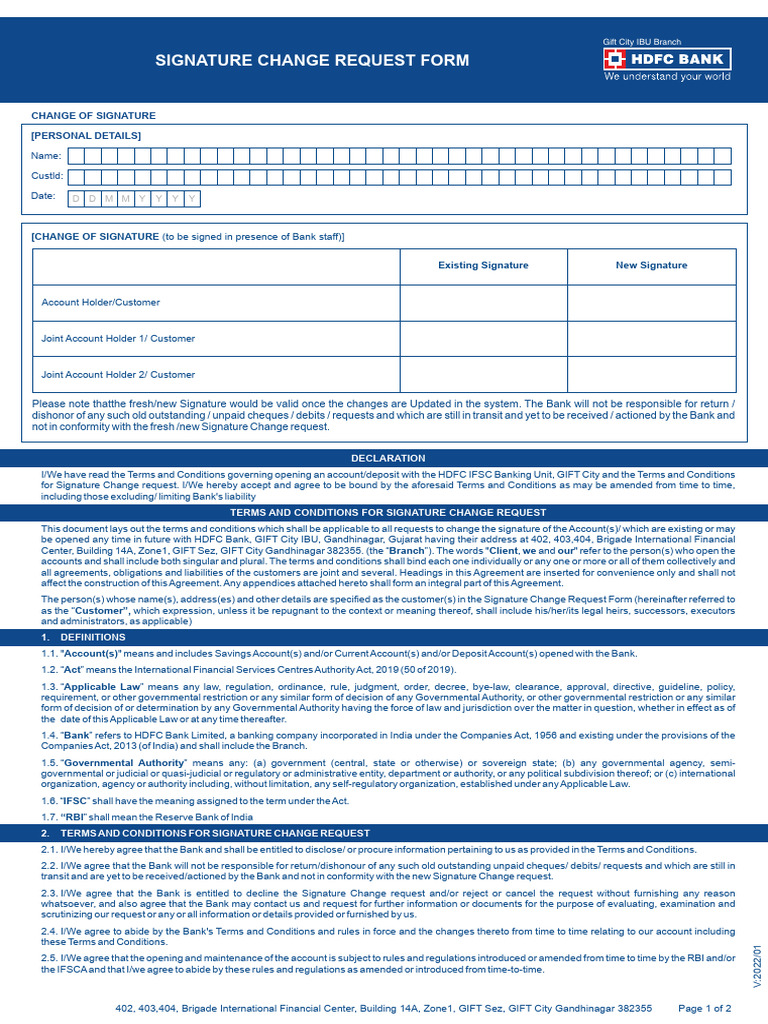 HDFC Signature Change Request Form | PDF | Banks | Jurisdiction