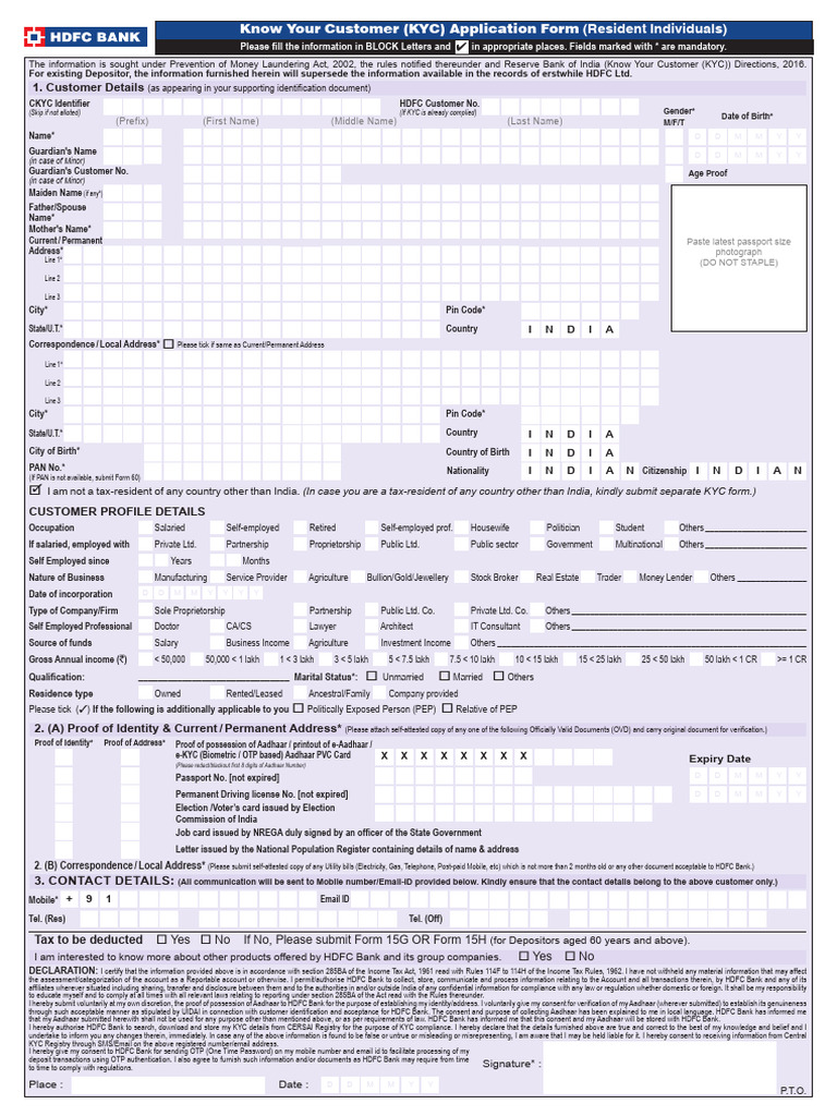 HDFC Bank KYC Application Form Guide | PDF | Identity Document