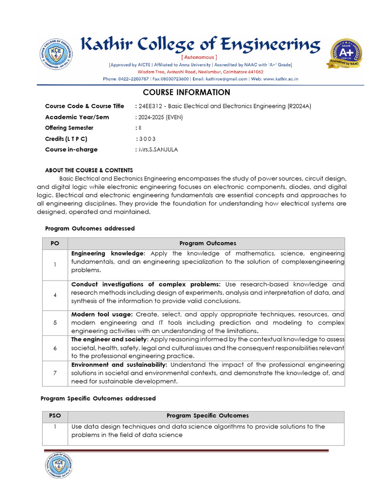 BEEE Course Information AIML | PDF | Engineering | Electromagnetic ...