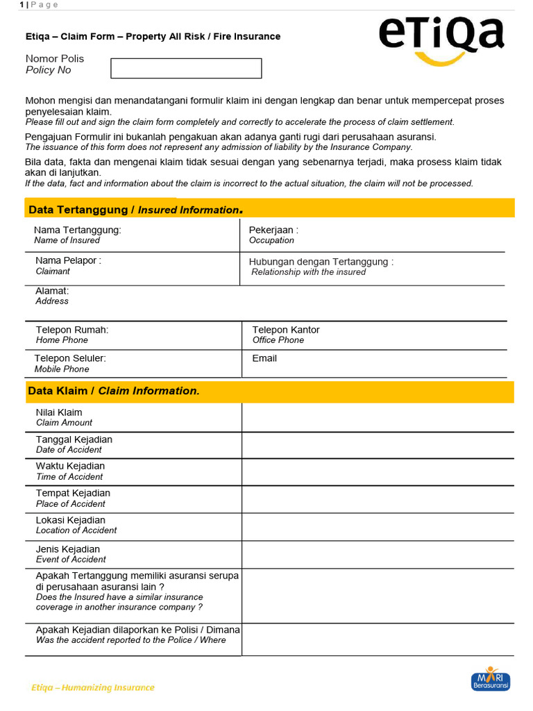 Formulir Klaim Asuransi Etiqa | PDF