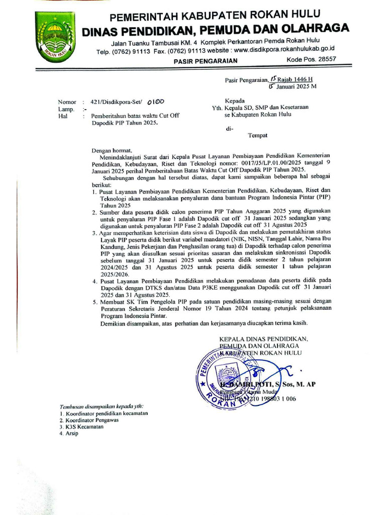 Surat Batas Waktu Dapodik Pip Tahun 2025 Pdf