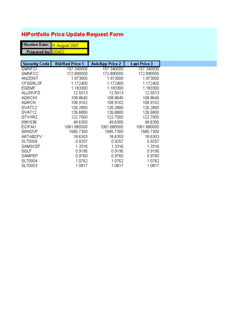 HiPortfolio Price Update Form | PDF