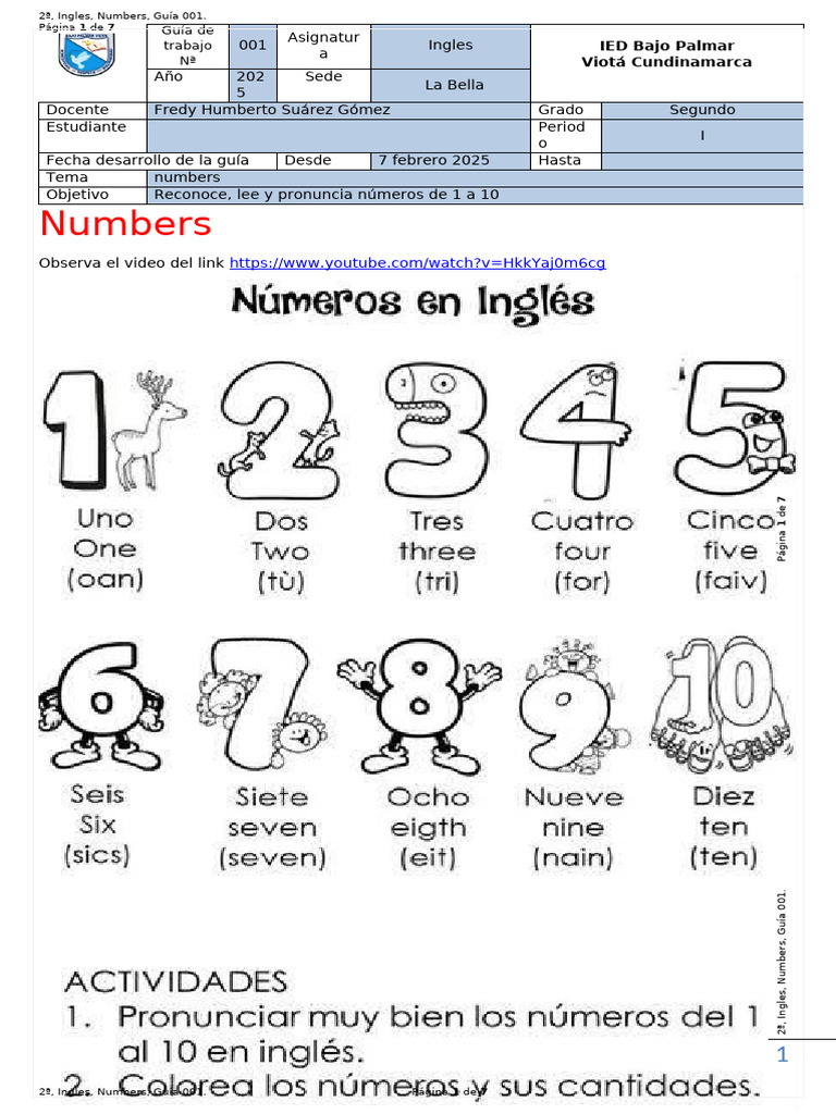 Números del 1 al 10 en inglés | PDF | Idiomas del Reino Unido