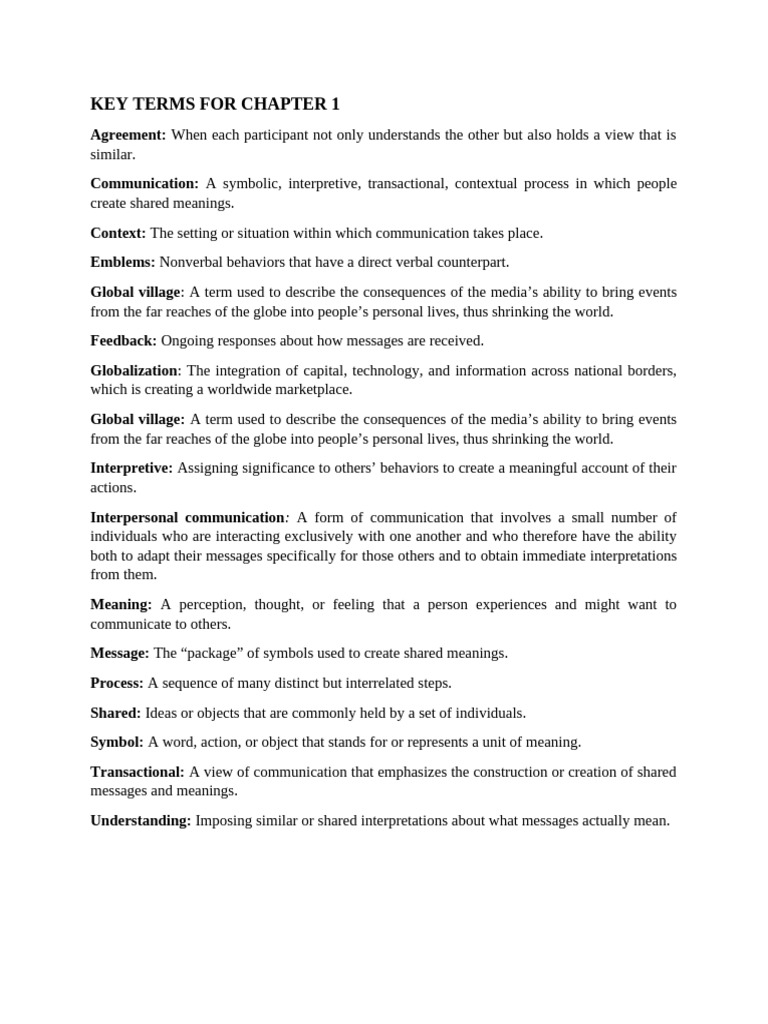 Key Terms For Chapter 1 - 3 | PDF | Communication | Interpersonal ...