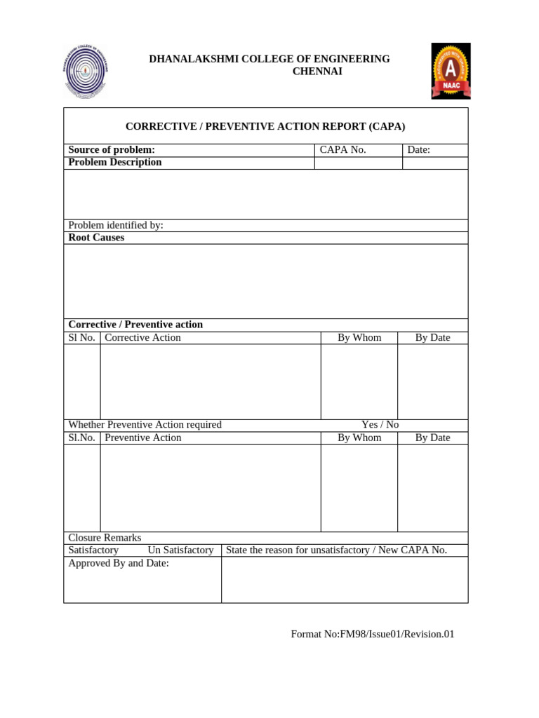 CAPA Report for Dhanalakshmi College | PDF