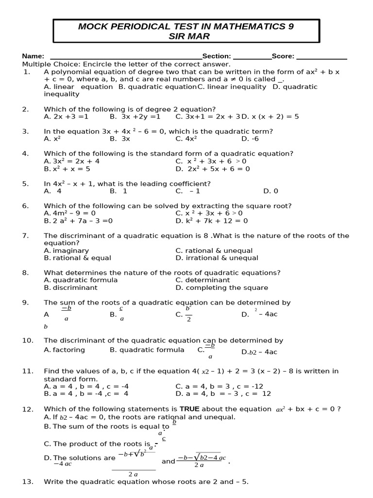 Quadratic Equations Practice Test | PDF | Quadratic Equation | Equations