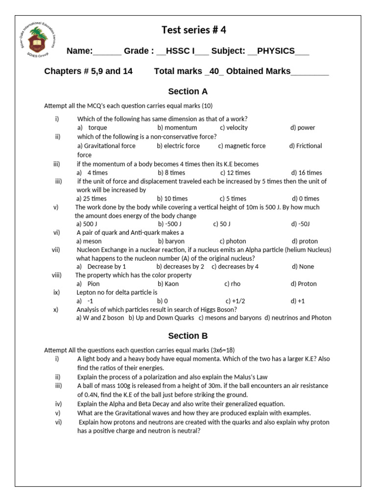HSSC Physics Test: Chapters 5, 9, 14 | PDF | Elementary Particle | Force