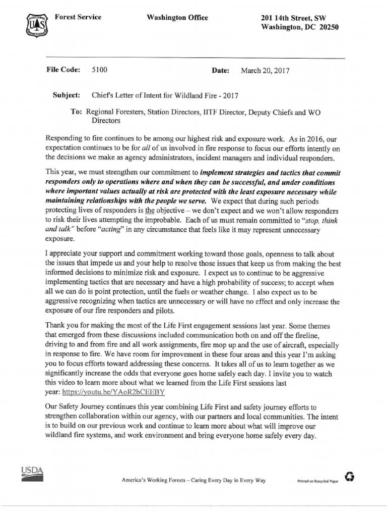 USFS Chief's Letter of Intent for Wildland Fire 03-20-2017 | PDF