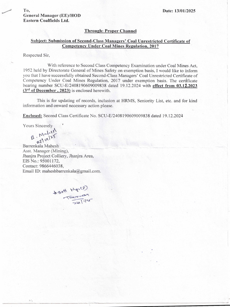 Second-Class Mining Competency Certificate Submission | PDF | Energy ...