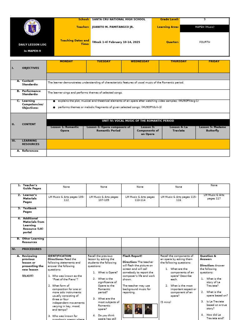 Q4 DLL-MUSIC9-Week1-4 | PDF | Opera | Romantic Music