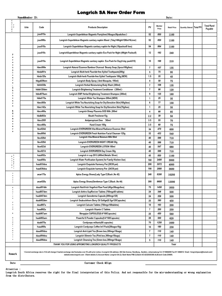 Longrich Sales Order Form for Products | PDF | Toiletry