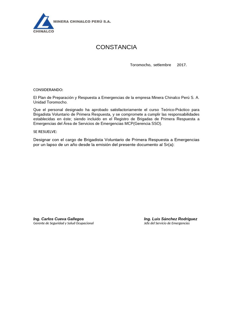 For-SSO-145 Constancia Brigadista 1 | PDF