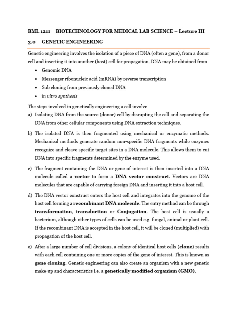 BML 1211 Biotechnolgy For Medical Lab Science - Lecture III | PDF ...