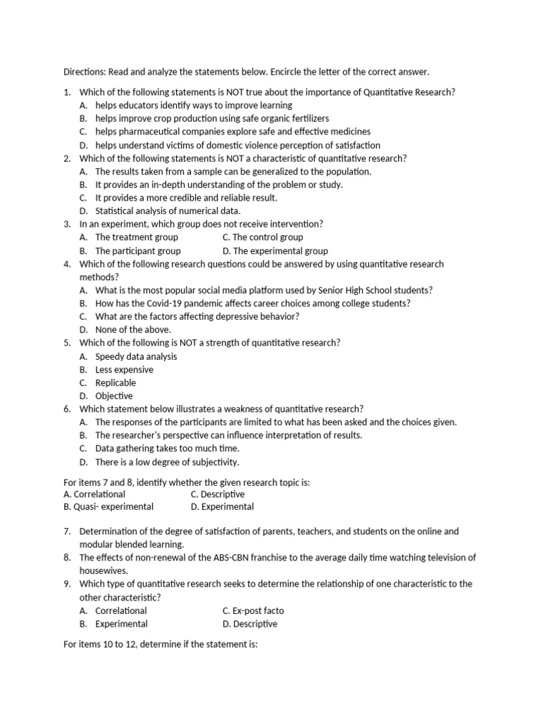 Quantitative Research Analysis Quiz | PDF | Hypothesis | Quantitative ...