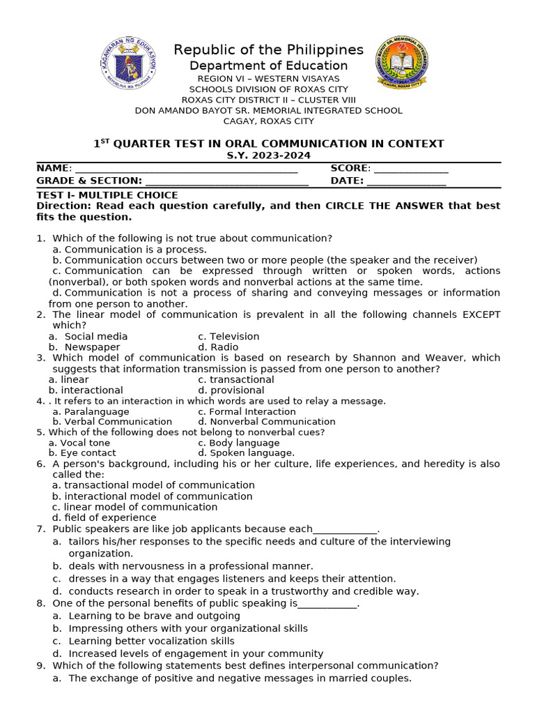 Oral Communication Test - 1st Quarter 2023 | PDF | Communication ...