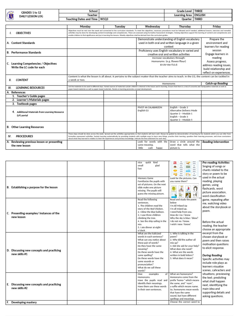 Grade 3 English Weekly Lesson Plan | PDF | Learning | Teachers