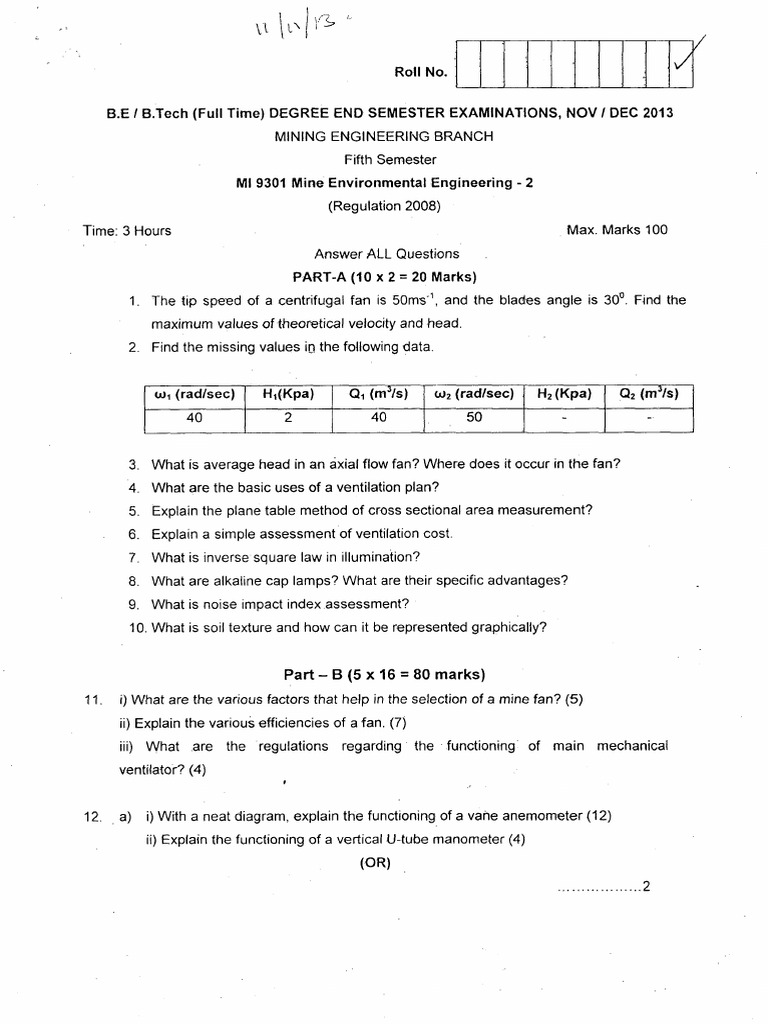 Mining Engineering Exam Questions 2013 | PDF