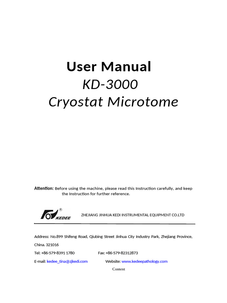 KD-3000 Cryostat Microtome Manual | PDF | Knife | Button (Computing)