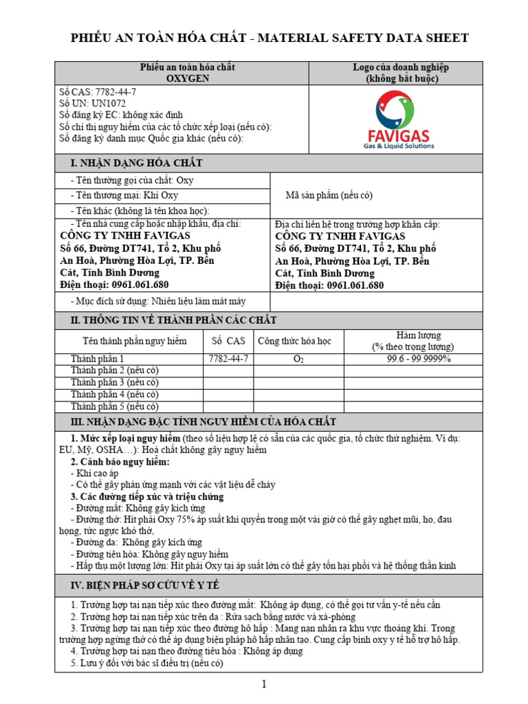 Oxygen - O2 - MSDS - Favigas - Vienamese | PDF