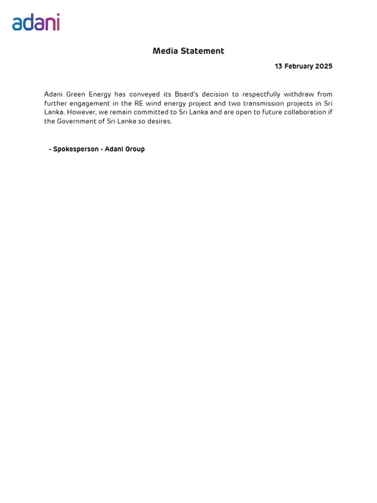 Media Statement on Sri Lanka Projects by AGEL | PDF