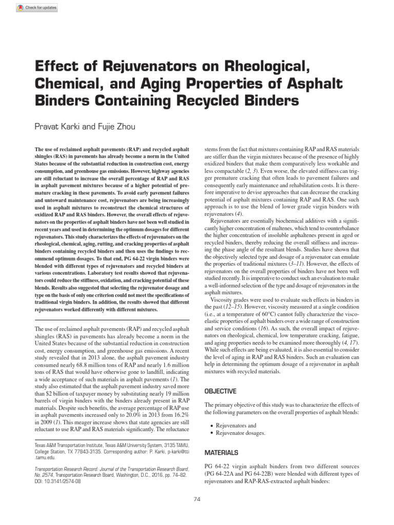 Effects of Rejuvenators on Asphalt Binders | PDF | Materials | Physical ...